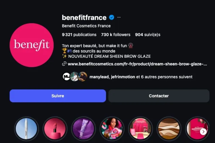 Benefit Cosmetics France · profil Instagram